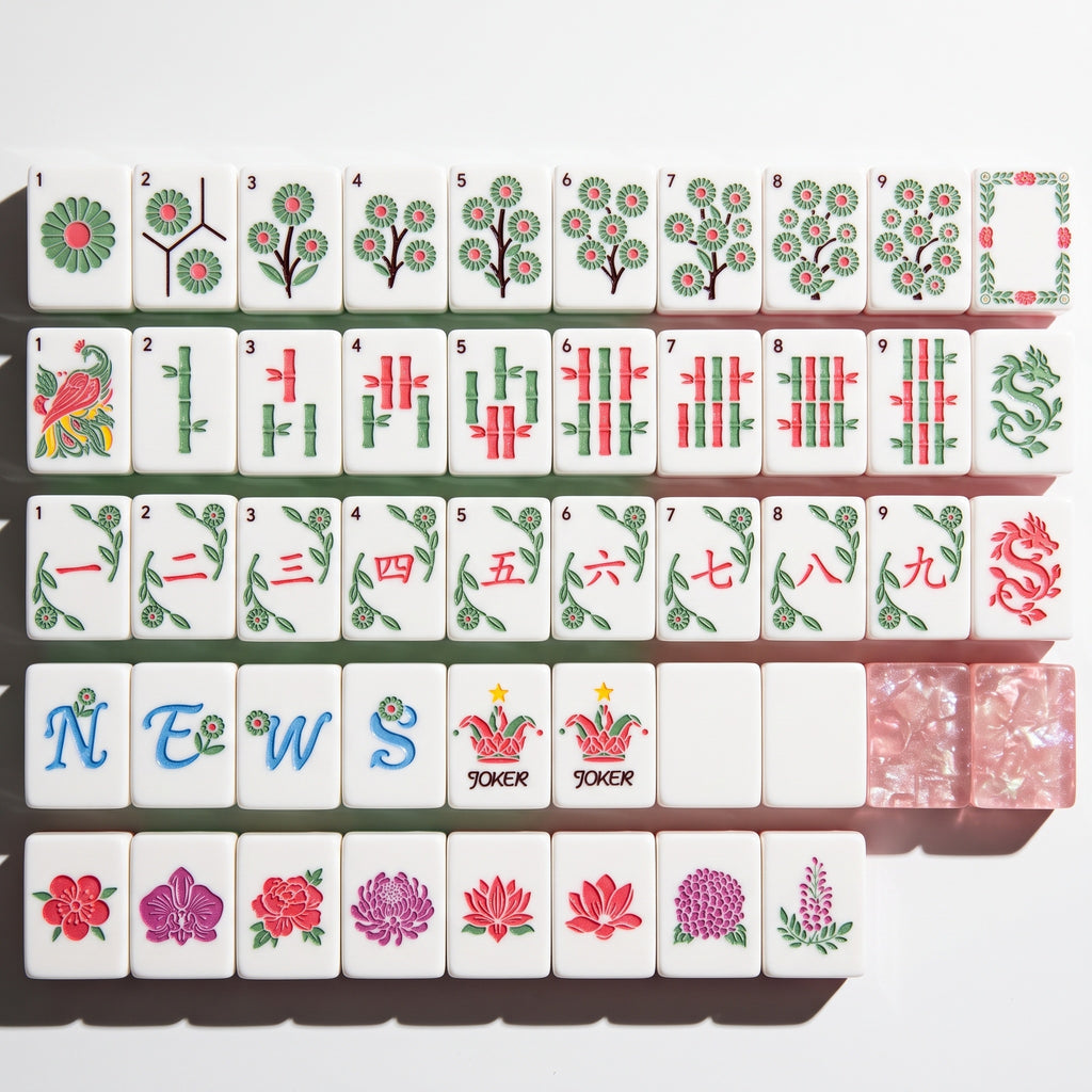 Mahjong Set with Pink Shell Tiles | 160 Piece Botanical Garden American Mah Jongg | Sage & Rose Game Night Gift for Her