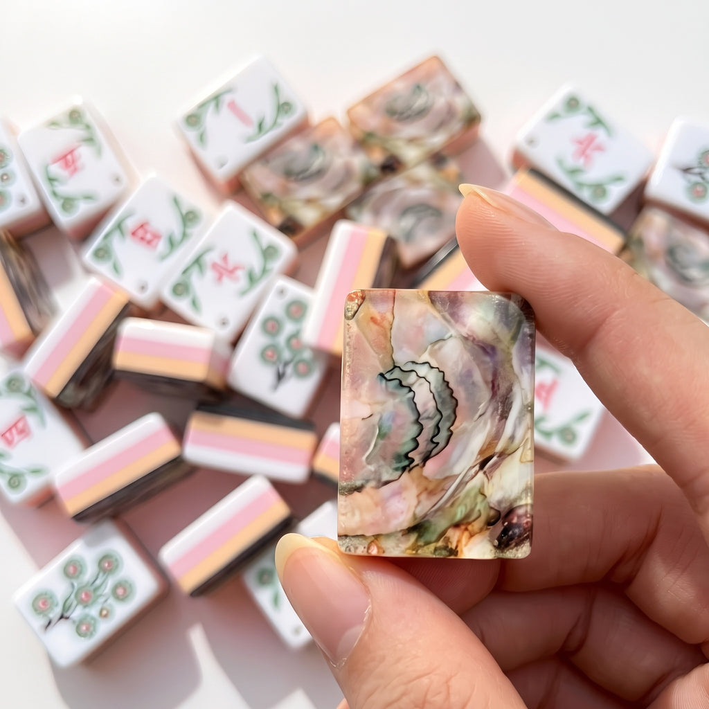 Mahjong Set with Rose Shell Tiles | 160 Piece Floral Pearlescent American Mah Jongg | Soft Pink Game Night Gift for Her