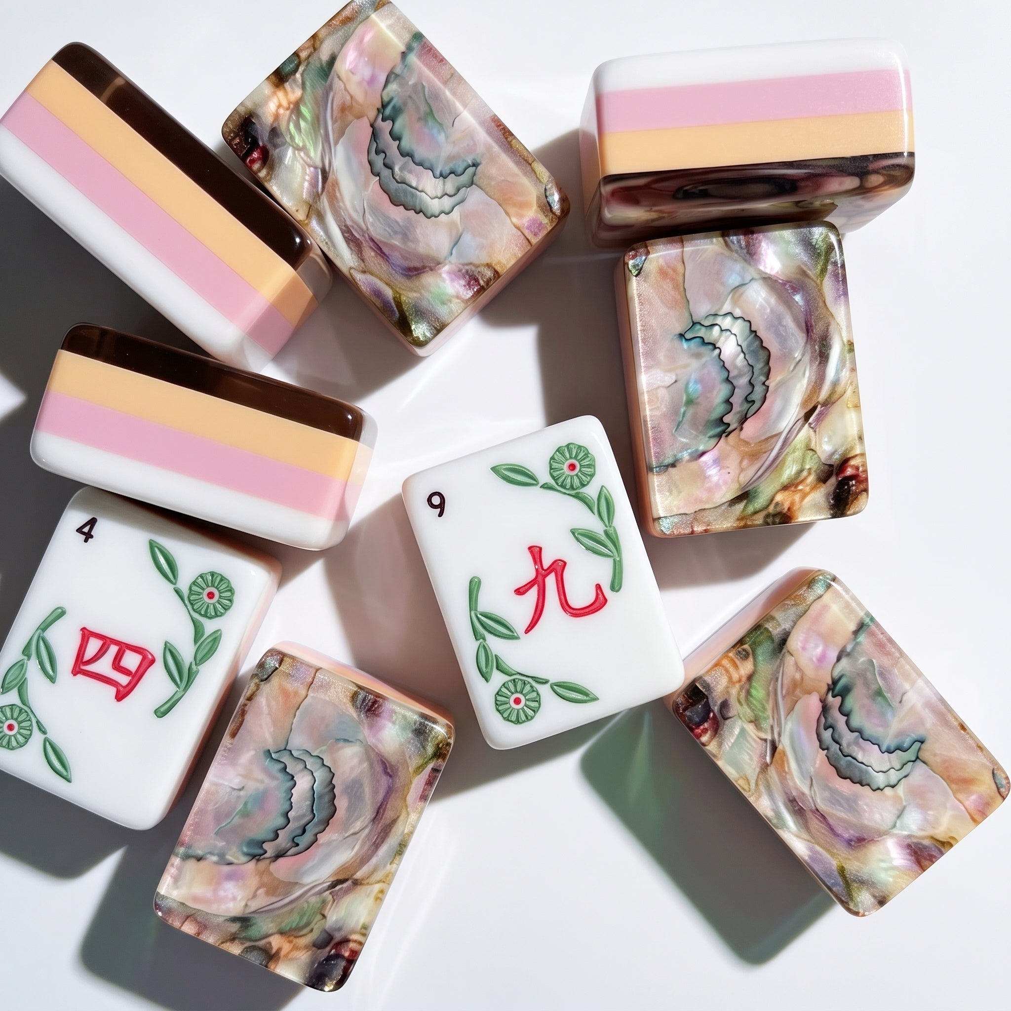 Mahjong Set with Rose Shell Tiles | 160 Piece Floral Pearlescent American Mah Jongg | Soft Pink Game Night Gift for Her