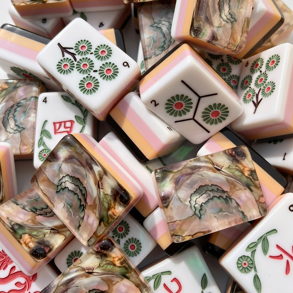 Mahjong Set with Rose Shell Tiles | 160 Piece Floral Pearlescent American Mah Jongg | Soft Pink Game Night Gift for Her